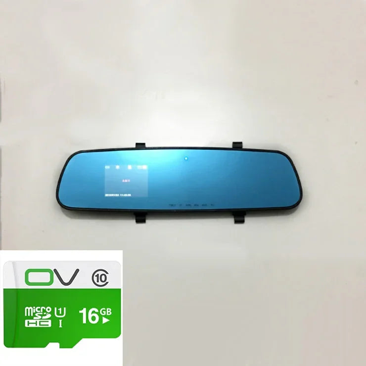 Blue rearview mirror dash cam with screen showing interface icons and clips