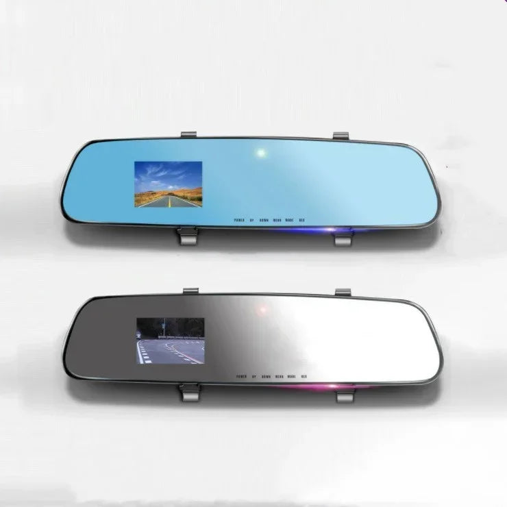 Rearview mirror dash cam pair with blue and black frames, screens and top clips