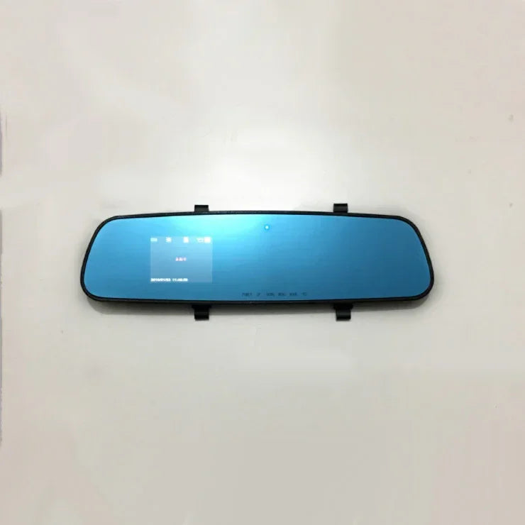 Blue rearview mirror dash cam with active screen and two top mounting clips