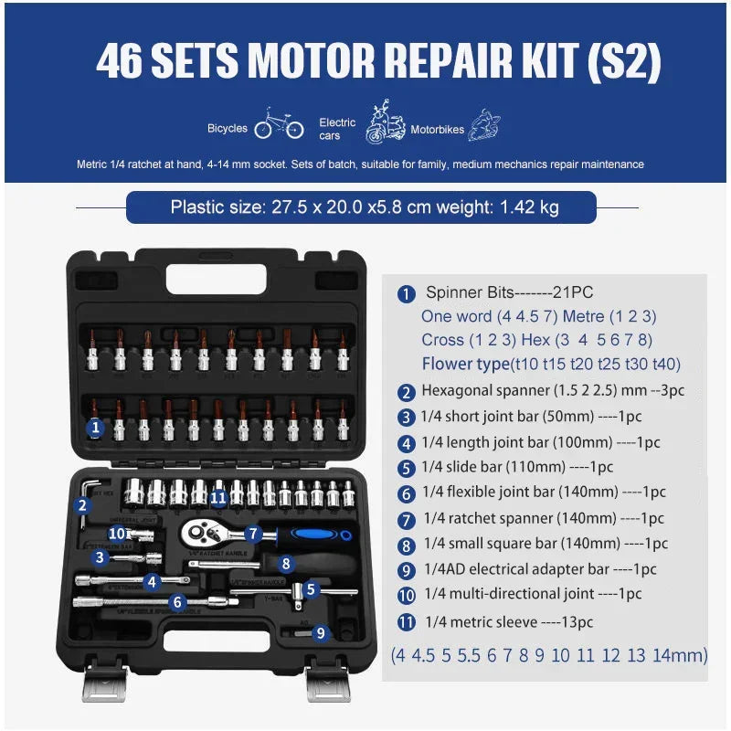Motor repair socket tool set card with socket assortment and ratchet tool layout