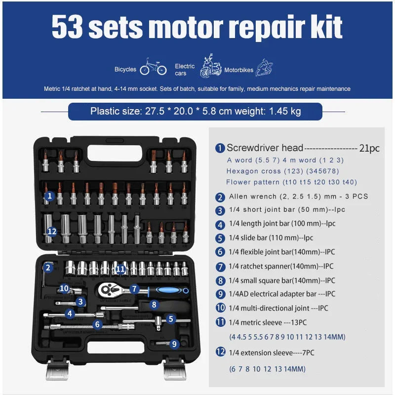 Motor repair socket tool set card featuring chrome sockets, bits, and ratchet handle