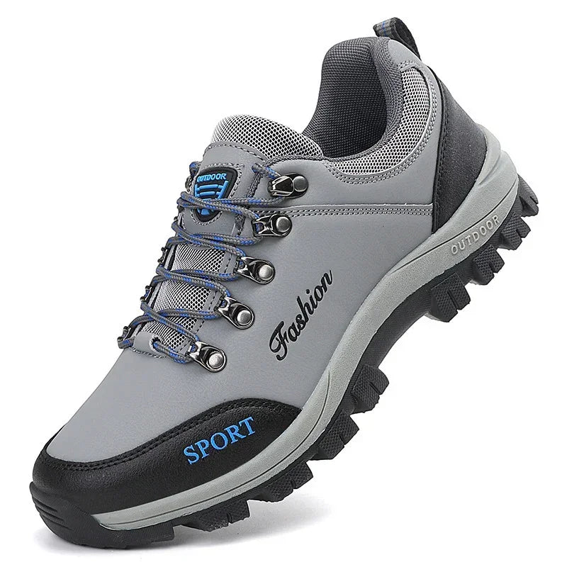 Women's non-slip outdoor shoes in light gray with blue laces, lace-up treaded sole