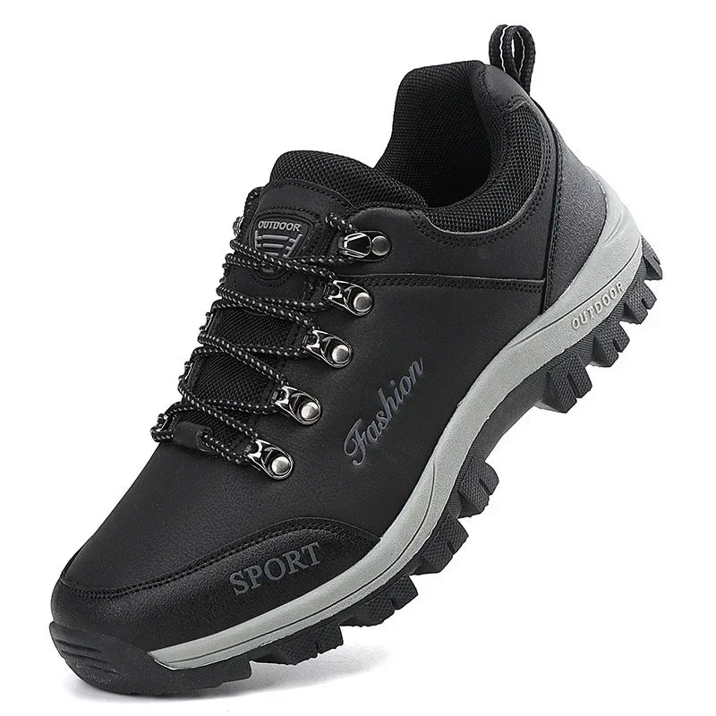 Women's non-slip outdoor shoes in black with lace-up closure, deep tread outsole