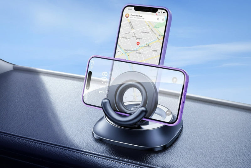 Magnetic car phone holder with nano base, elegant black, phone secured on dashboard
