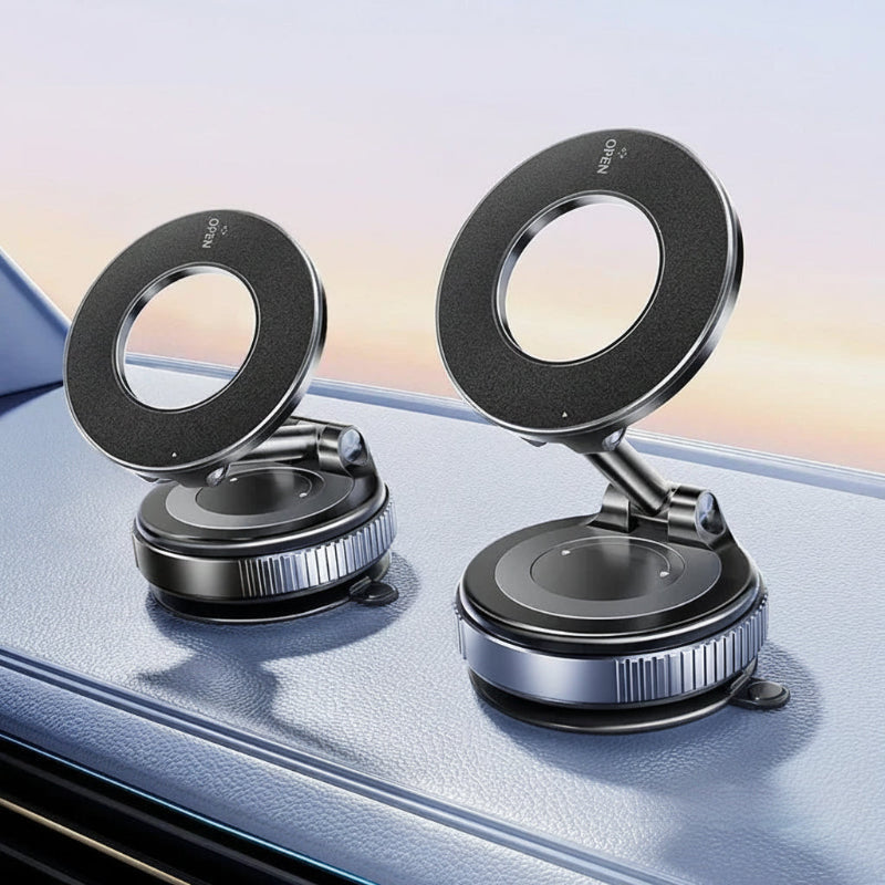 Magnetic car phone holder with dual vacuum mounts, black circular plates