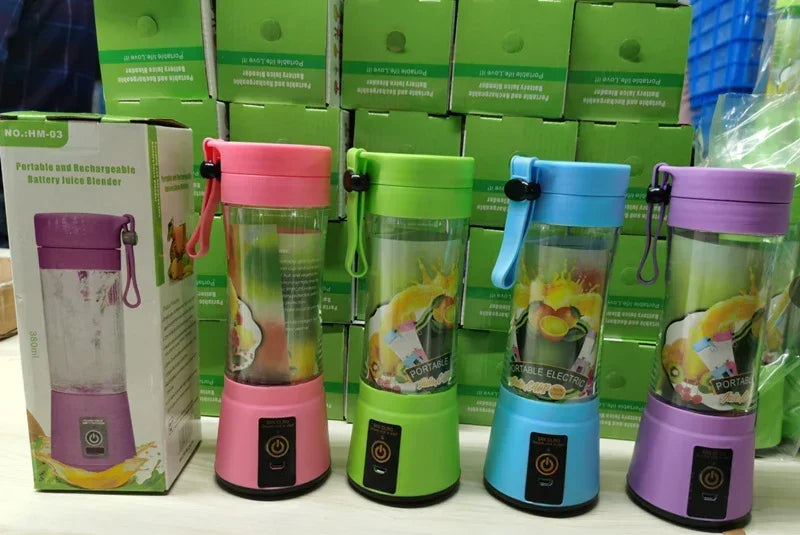 Portable USB rechargeable blender lineup with multiple colors and clear blending cups