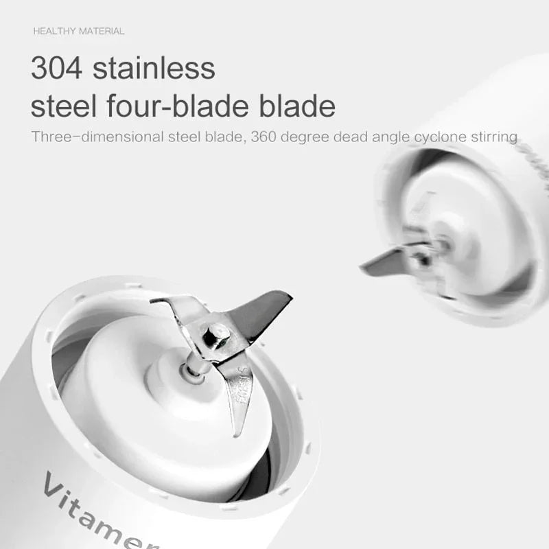 White blender cup interior with four-blade stainless steel propeller