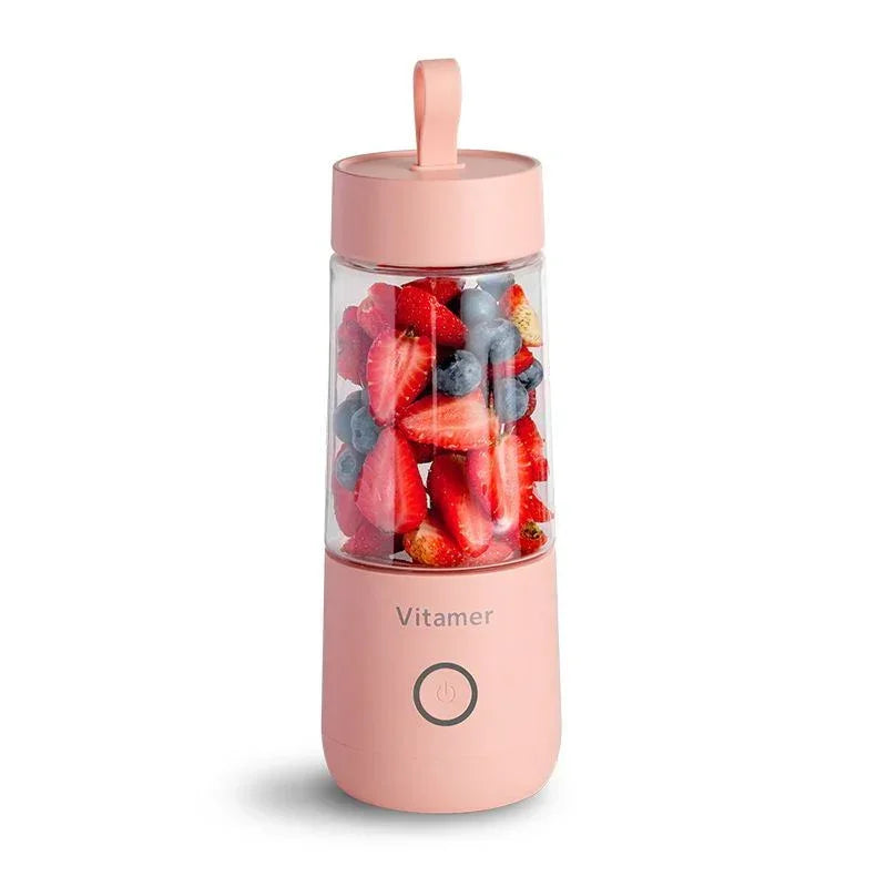 350ml portable USB rechargeable blender, pink jar with fruit inside