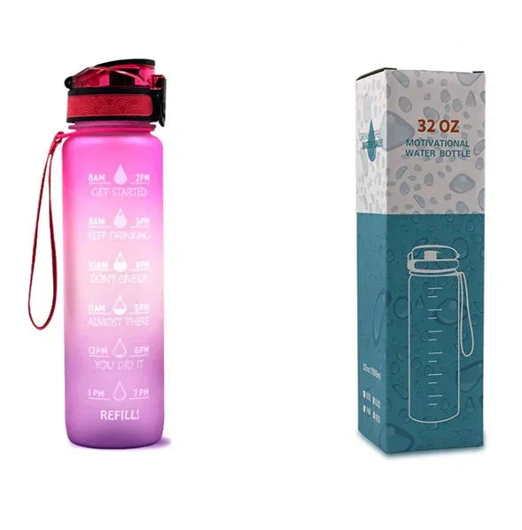 1L motivational time-marker water bottle, pink translucent with carry strap and printed schedule