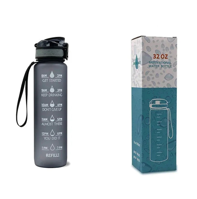 1L motivational time-marker water bottle, dark gray translucent with carry strap