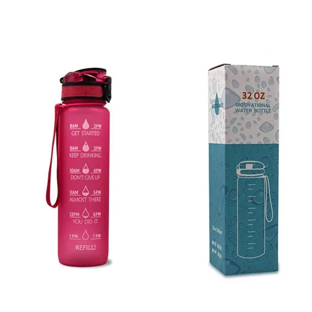 1L motivational time-marker water bottle, magenta-pink translucent with carry strap