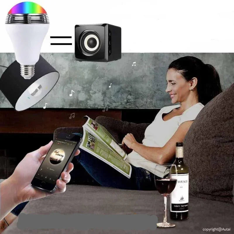 White LED bulb with multicolor glow and smartphone showing color controls.