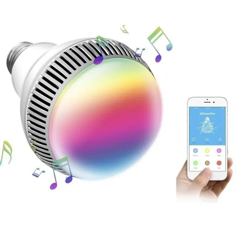 White LED bulb speaker emitting multicolor glow with Bluetooth control on smartphone.