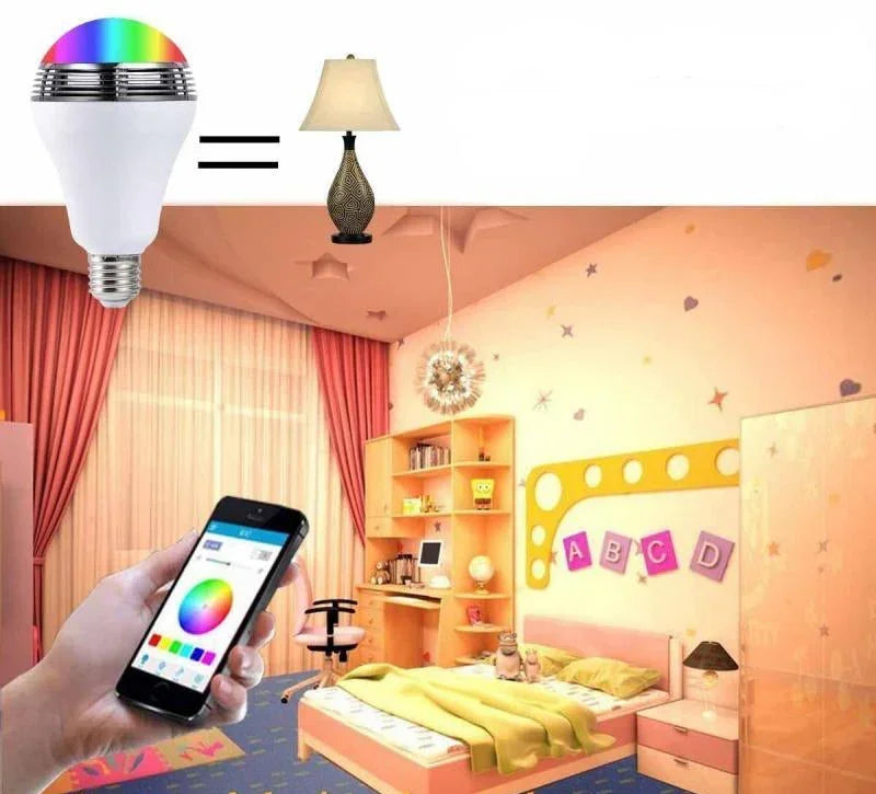 White LED bulb speaker with multicolor light, controlled by smartphone app.