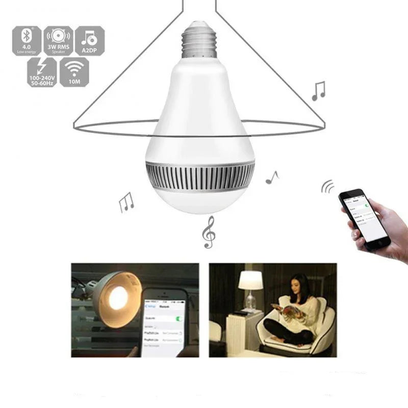White Bluetooth LED bulb speaker with mobile control and connectivity icons diagram.