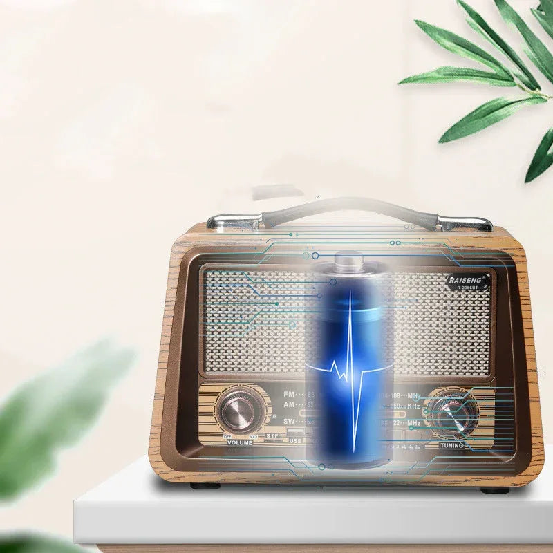 Vintage wooden Bluetooth radio with speaker grille and tuning knobs, front panel light effect