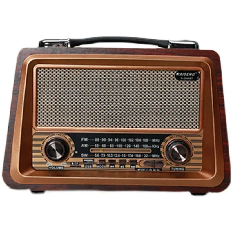 Vintage wooden Bluetooth radio front panel with speaker grille and two large tuning knobs