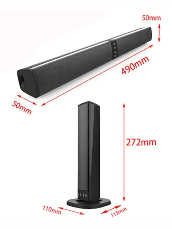 Black split Bluetooth speaker dimensions diagram for soundbar and tall speaker