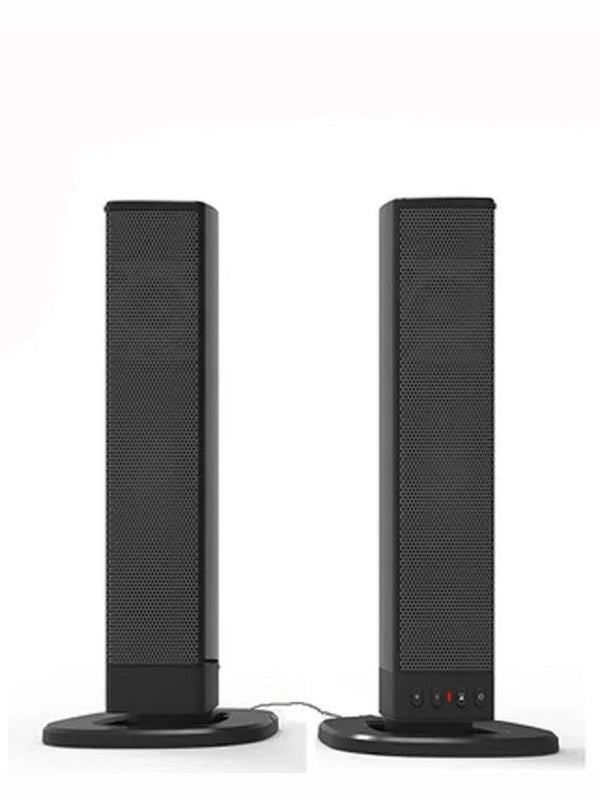 Pair of black tall Bluetooth speaker towers on round bases