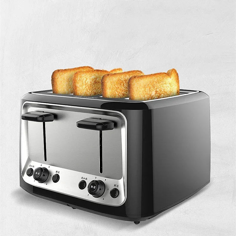 Black 4-slot automatic toaster with four bread slices in the slots and front controls