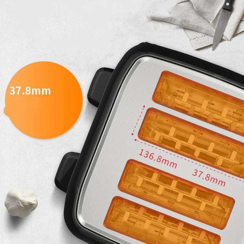Close-up of 4-slot automatic toaster showing two rectangular bread openings