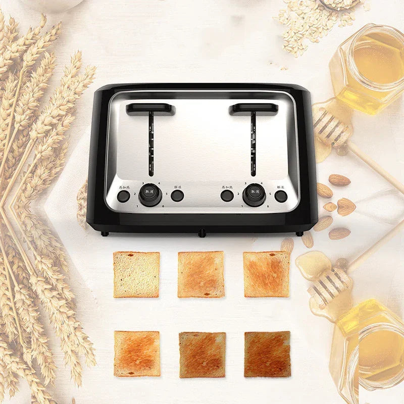 Black 4-slot automatic toaster with two lever handles and six browned bread slices