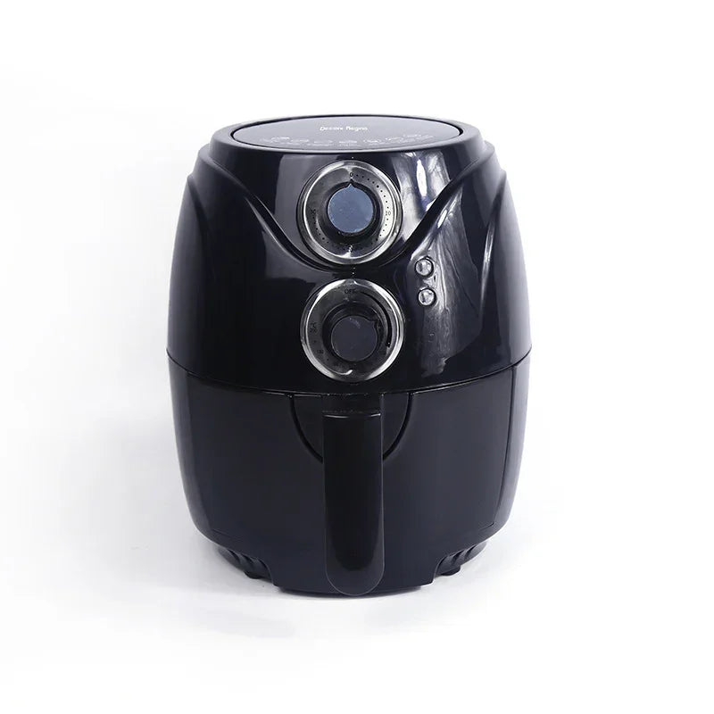 Black air fryer with two control knobs and front basket handle.