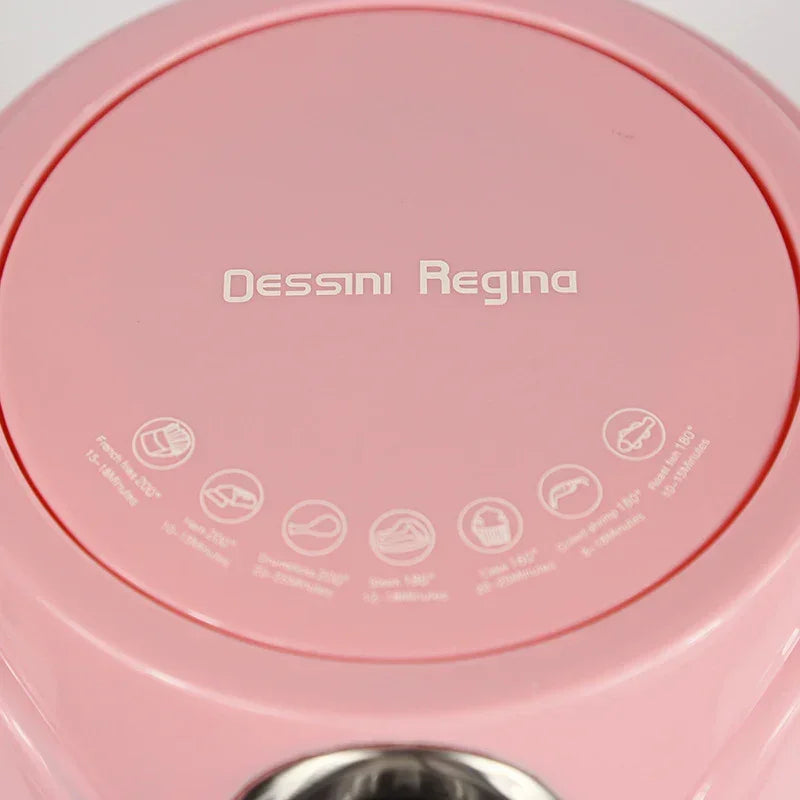 Pink air fryer lid with Dessini Regina logo and safety icons.