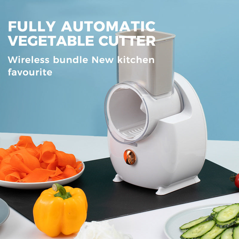 White electric vegetable slicer and grater with feeder cup and front cutting chamber