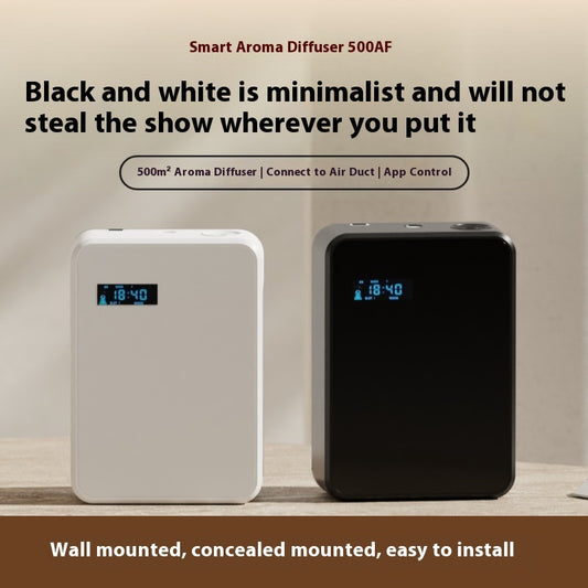 Two Smart Aroma Diffusers, one white and one black, on a wooden surface with text about their features.