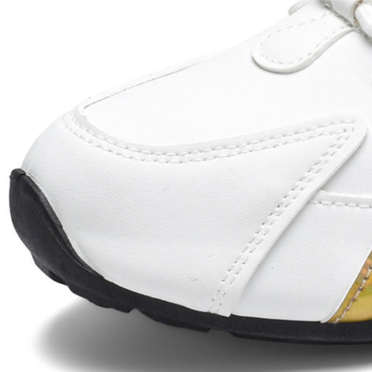 Close-up of a white athletic shoe with a black sole on a white background