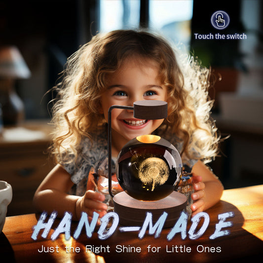 Child holding a crystal ball with 'Hand-Made' text and 'Just the Right Shine for Little Ones' slogan.