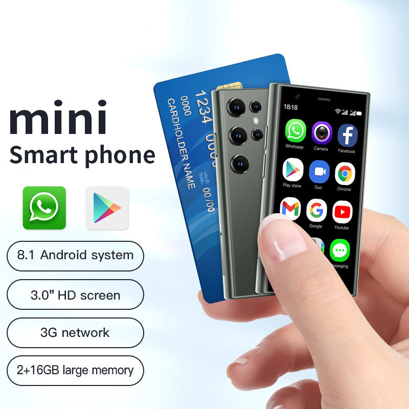 Mini Android smartphone with black front and blue back, quad rear cameras