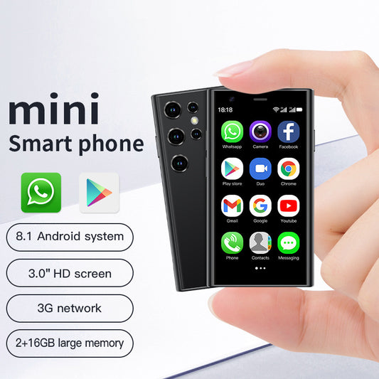 Small smartphone held by a hand with app icons on the screen, labeled 'mini smartphone' and featuring system details.