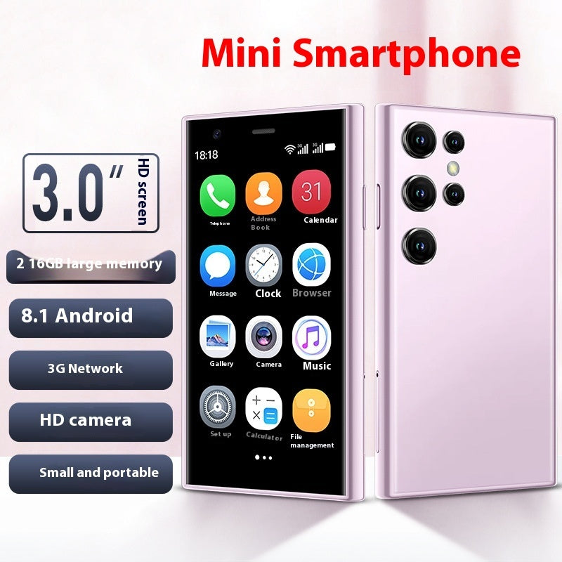 Mini Android smartphone with purple back and open front screen, quad rear cameras
