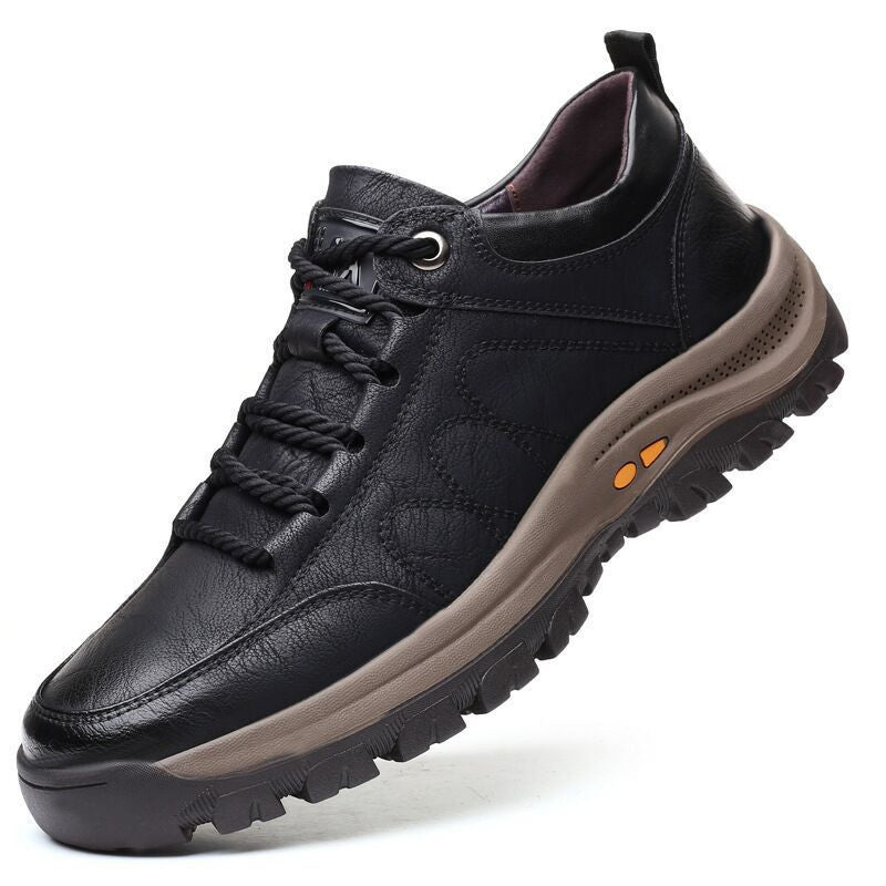 Men's leather hiking shoes in black, lace-up front view with textured leather upper