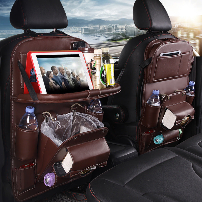 PU leather car seat back organizer with tray, tablet pocket, and multiple hanging pouches