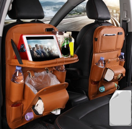 Brown PU leather car seat back organizer with tray and side storage compartments