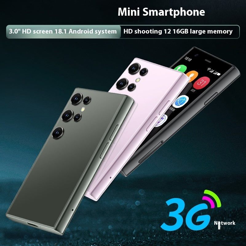Mini Android smartphone with green, pink, and black backs and front displays, quad cameras