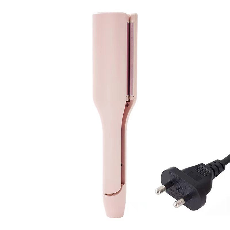 32mm deep wave curling iron with UK plug, pale pink body and copper heating plate