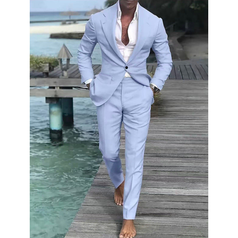 Men's light blue single-breasted suit jacket and trousers, two-piece set with open cuff hems