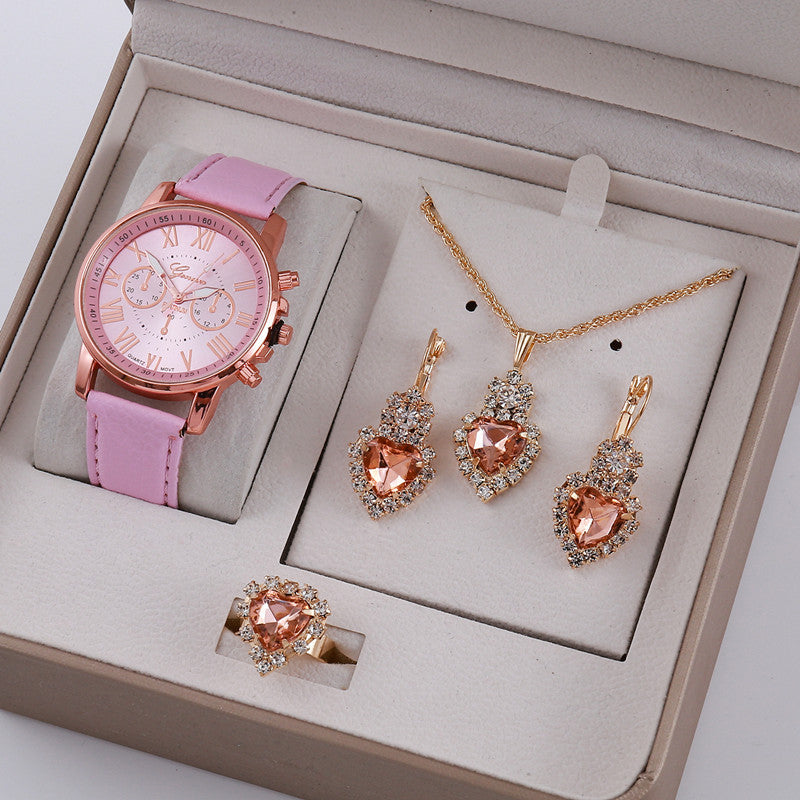 Ladies quartz watch set in box: pink strap watch, heart crystal necklace, matching heart ring