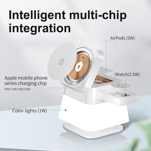 4-in-1 wireless charging station with circular coil base and RGB indicator lights