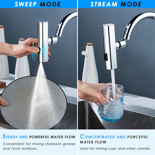 Two modes of a kitchen faucet with water flow demonstration.