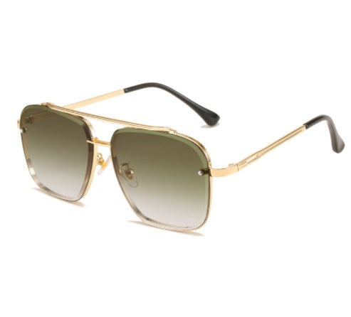 Men's sunglasses with double bridge metal frame and olive green lenses, angled view