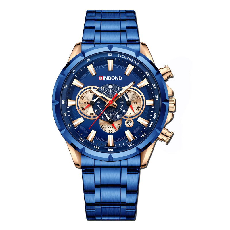 Blue dial tactical wristwatch with gold bezel and blue metal bracelet, front view