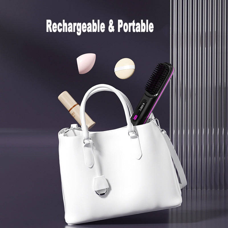 Portable hair straightener brush comb with charging cable in a white tote bag