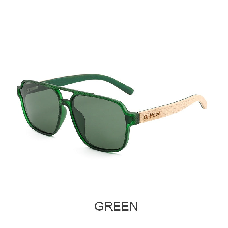 Green polarized sunglasses with dark green lenses and light wood temple arms