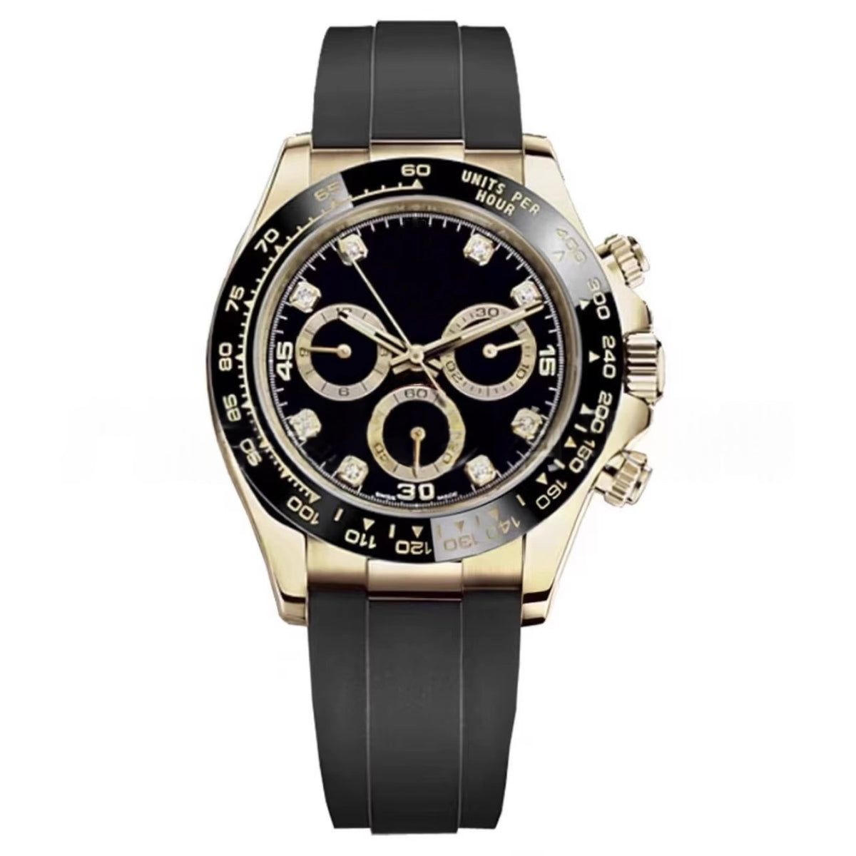 Mechanical wristwatch on black rubber strap, gold-tone case; black dial with 3 subdials