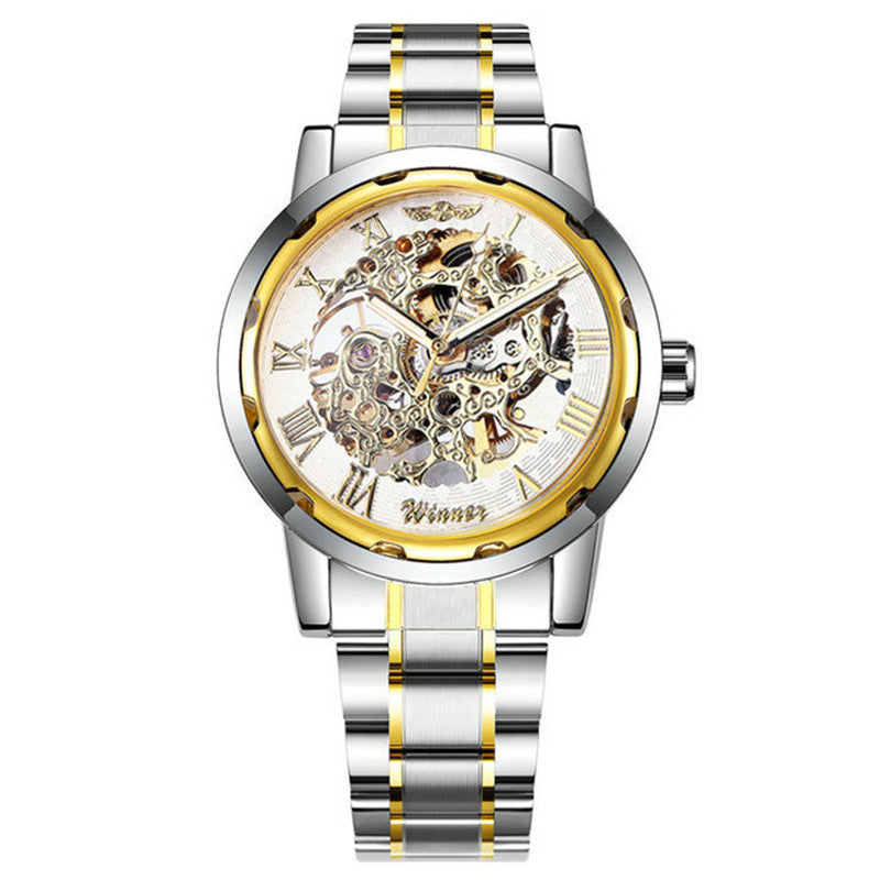 Mechanical watch with gold openwork dial, Roman numerals, and steel bracelet